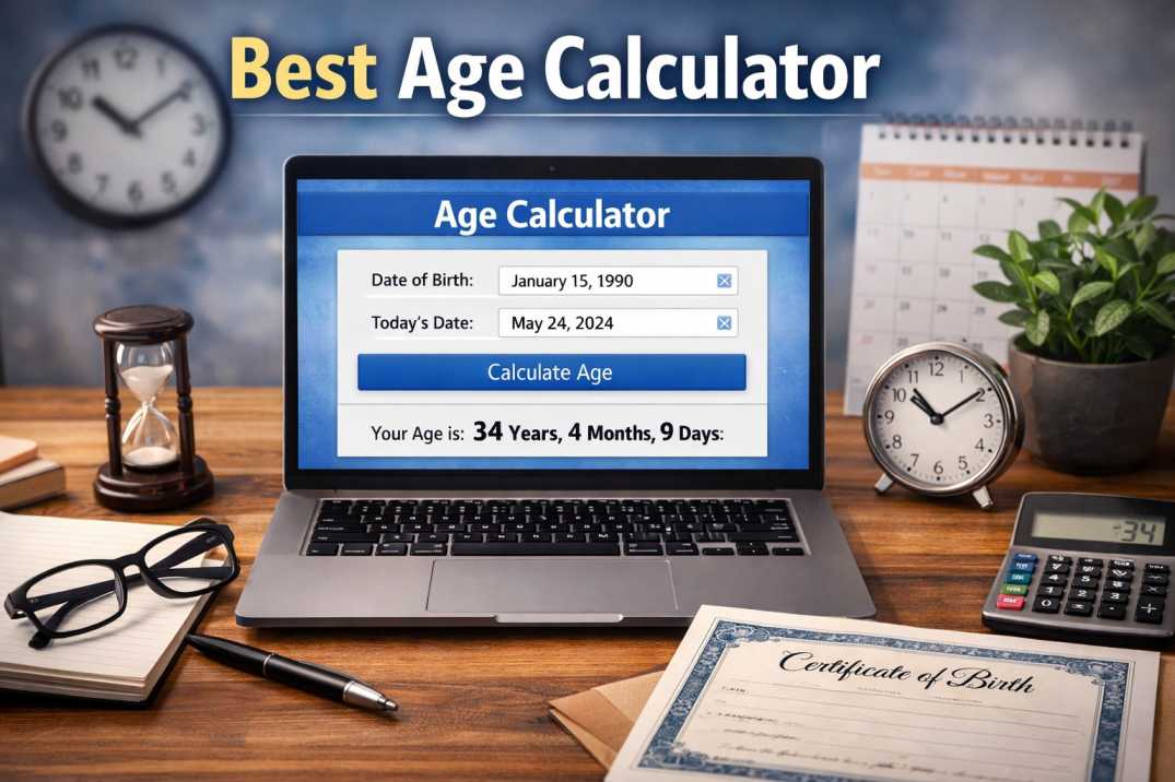 Best Age Calculator online tool interface showing date of birth input fields, calculate button, and detailed age results in years months days hours minutes with next birthday countdown