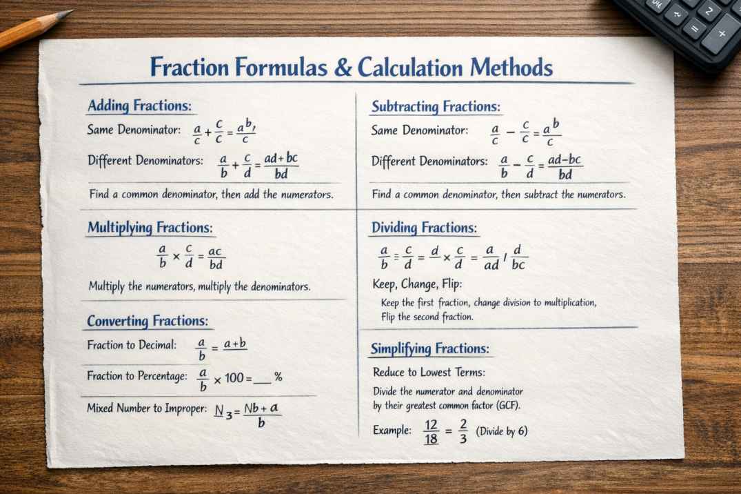 Fraction Calculator showing step by step fraction calculation example with mathematical equations on paper